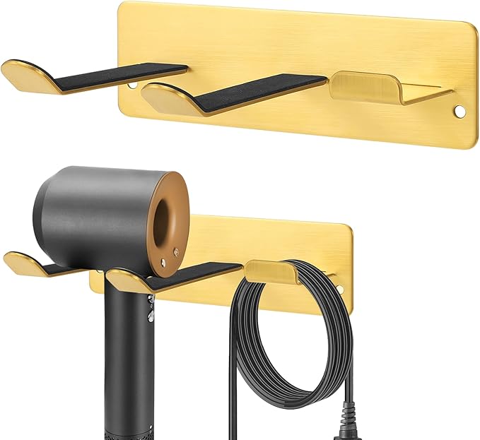 Hair Dryer Holder Wall Mount, Universal Hair Dryer Hanger for Bathroom/Bedroom/Barbershop, 304 Stainless Steel Organizer with 3M Adhesive, No Drilling Space Saver (Gold)