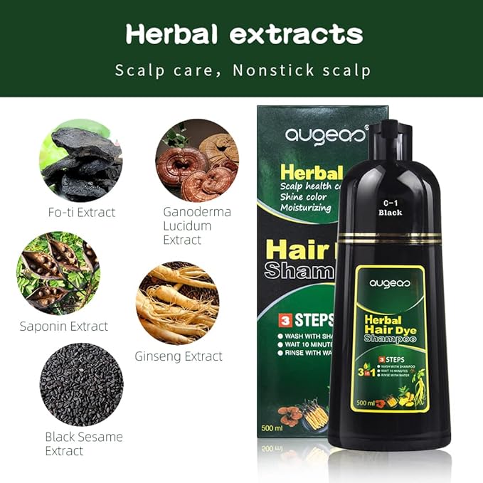 Natural Black Hair Color Shampoo for Gray Coverage, 3 in 1 Herbal Hair Shampoo for Women and Men, 500ML