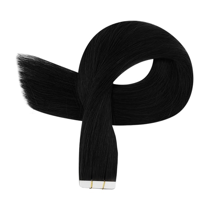 Full Shine 18Inch Black Virgin Tape in Hair Extensions Remy Tape in Human Hair Extensions Color 1 Black 25 Gram Seamless Unprocessed Skin Weft 10Pcs for Women