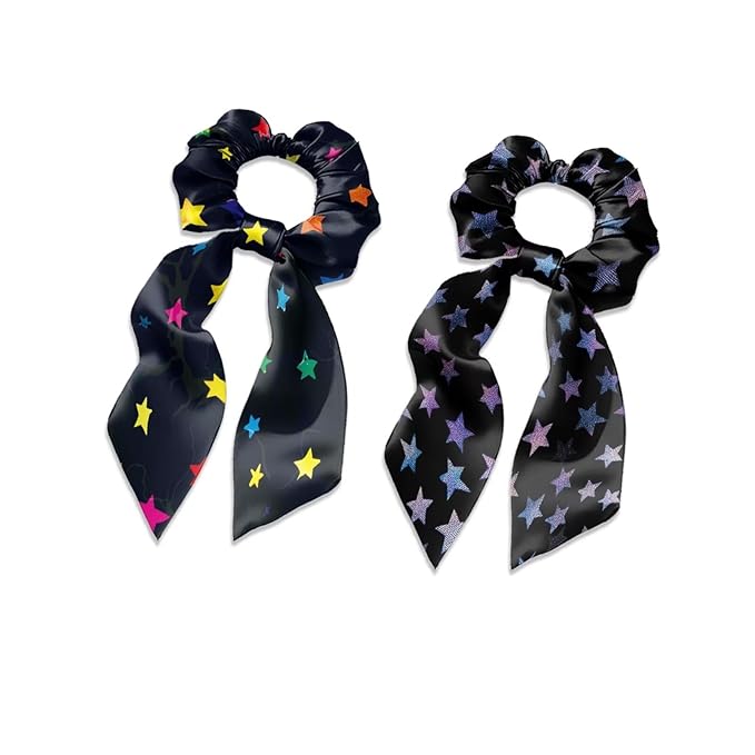 Star Hair Scarf for Women Ponytail Scrunchies Fashion Travel Accessory 2 Pcs Silky Hair Scrunchy Ribbon Scrunchies Ponytail Holder