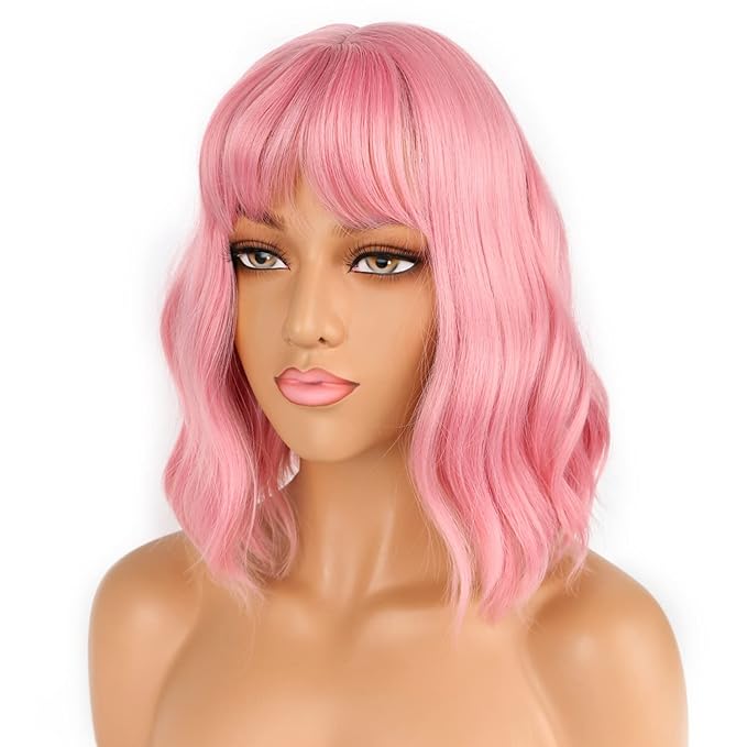 LANICE Short Bob Pink Wigs with Bangs for Women Loose Wavy Hair Shoulder Length Wigs Synthetic Colorful Wigs for Cosplay Daily PartyUse(Pink,12inch)