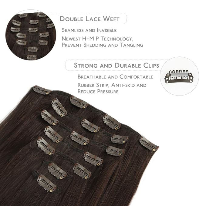 WENNALIFE Clip in Hair Extensions Real Human Hair, 22 Inch 120g 7pcs Dark Brown to Chestnut Brown and Dirty Blonde Highlighted Clip In Human Hair Remy Clip in Hair Extensions Double Weft