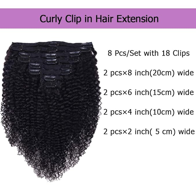 Curly Clip In Extension Human Hair 3C 4A Kinky Curly Clip Ins Full Head for Black Women Brazilian Remy Human Hair Natural Color 8Pcs with18clips 120g/Set (26 inch, curly wave)
