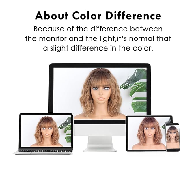 MISSQUEEN Short Blonde Wig with Bangs Synthetic Curly Wavy Ombre Blonde Wigs for Women Bob Wavy Wig Daily Use