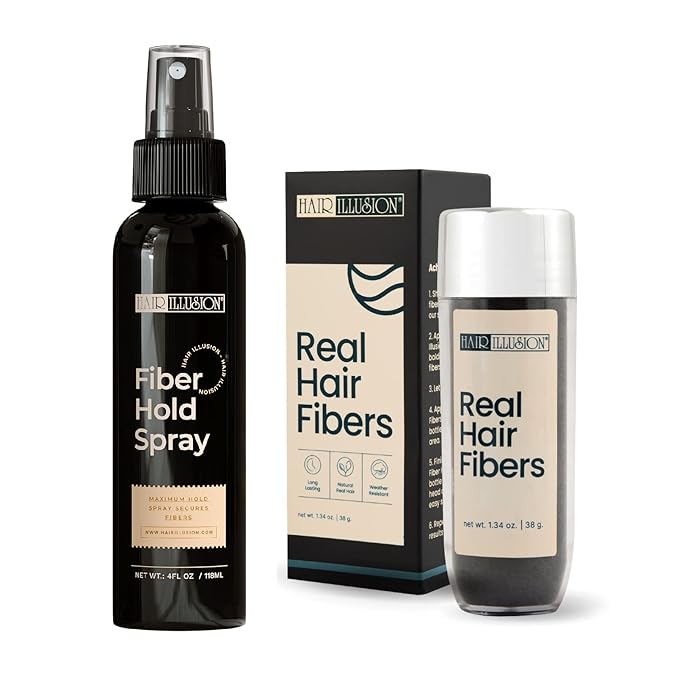 Hair Illusion Brown Real Hair Fibers and Fiber Holding Spray Bundle for Thinning Hair - 100% Natural Texture, Non Synthetic Hair Fibers - Bald Spot Cover Up for Women & Men - 38 Gram