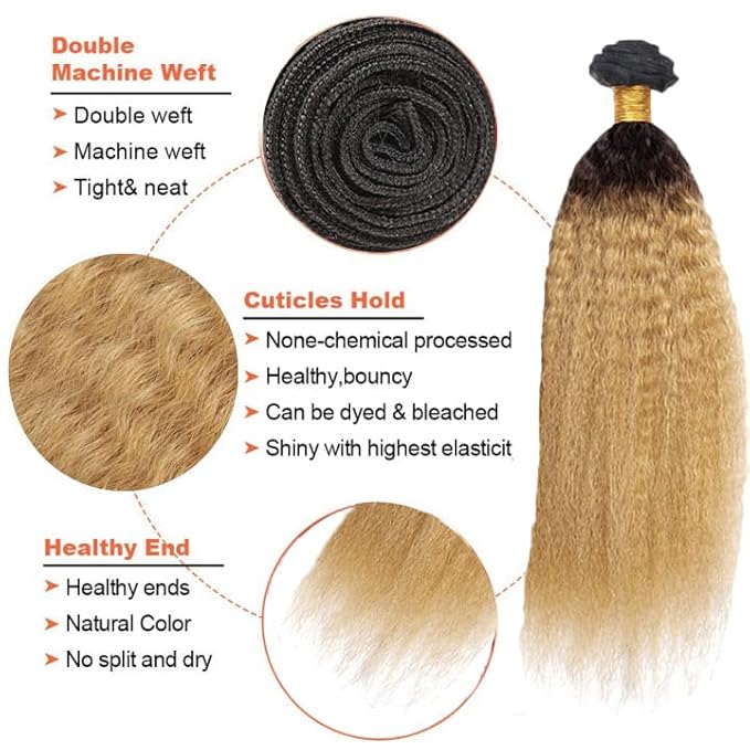28 30 32 Inch 1B27 Human Hair Bundles Ombre Kinky Straight Bundles 2 Tone Black and Blonde Bundle Brazilian 8A Virgin Remy Hair Extensions Double Weft Hair Weave