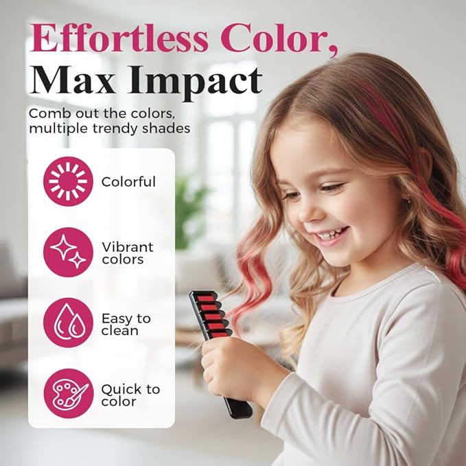Festive Fun Hair Chalk Combs, 2026 New Chalk Hair Color for Girls, Temporary Wash out Hair Color Kids, Christmas Girl Gifts, Skin Safe Materials (6 colors)