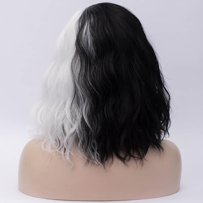 BUFASHION 14" Women Short Black and White Kinky Straight Cosplay Synthetic Wigs With Air Bangs 46 Colors Available (White with Black)
