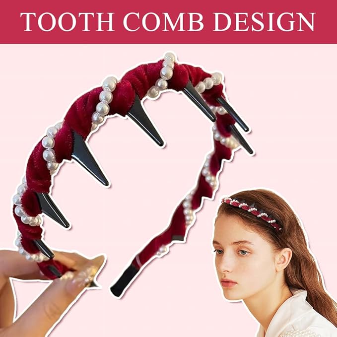 Vintage High Cranium Artificial Pearl Hairband, New Elegant Braided Pearls Headbands with Teeth for Women, Anti-slip Decorative Hair Bands Fashion Hair Accessories Gifts (Black+Burgundy, One Size)