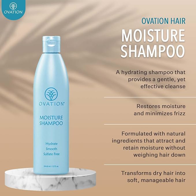 Ovation Hair Moisturizing 3-Step Bundle for Dry Hair with Moisture Shampoo & Conditioner, Cell Therapy Hair Growth & Healthy Scalp Treatment - Nourish, Smooth, Detangle & Hydrate Dry or Brittle Hair