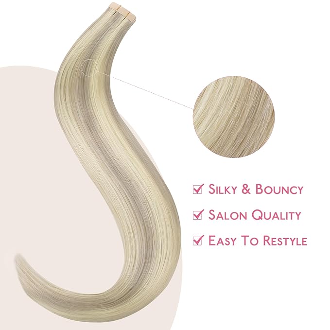 WENNALIFE Tape in Hair Extensions Human Hair Ash Blonde Highlighted Platinum Blonde Tape in Extensions, 10pcs 20g 12 inch Remy Invisible Tape Ins Straight Soft Real Human Hair Tape in Extensions