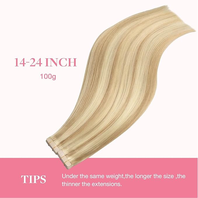 GOO GOO Tape in Hair Extensions Human Hair, 18A/613A Dark Blonde Highlighted Bleach Blonde, 26inch 120g 40pcs, Skin Weft Seamless Invisible, Silky Straight with Thick Ends, Remy Human Hair