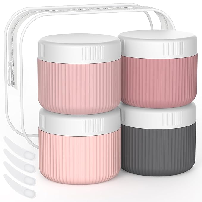 ME.FAN Travel Containers for Toiletries, TSA Approved 2 oz Silicone Cream Jars, Leak-proof Journey Containers, Trip Accessories with Lid for Cosmetic Face Hand Body Cream 4 Pack White Lid Pink
