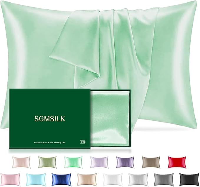 Mulberry Silk Pillowcase for Hair and Skin, SGMSILK 22 Momme Natural Silk Pillow Cases with Zipper, 6A Soft and Smooth Single Sided Pure Silk Pillow Cover (Light Green, Queen 20"x30")