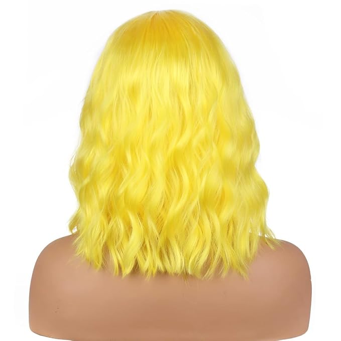 BERON 14 Inches Yellow Wig Wig for Women Girls Short Curly Yellow Wigs with Bangs Hairnet Include