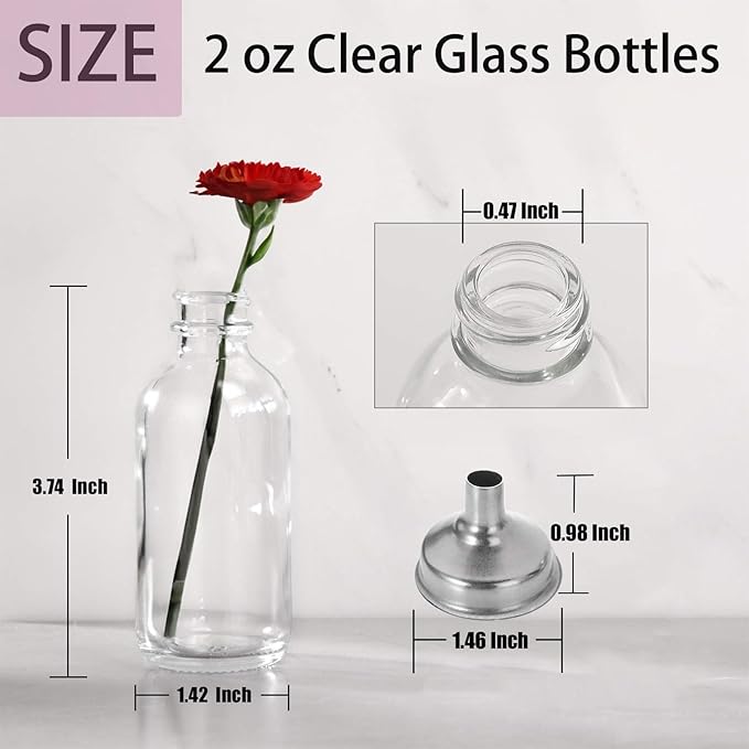 DIDITIME 12 Pack 2 oz Small Clear Glass Bottles with Lids & 2 Funnels - 60ml Boston Round Sample Bottles for Potion, Juice, Ginger Shots, Oils, Whiskey, Wellness Shots, Mini Travel Bottles