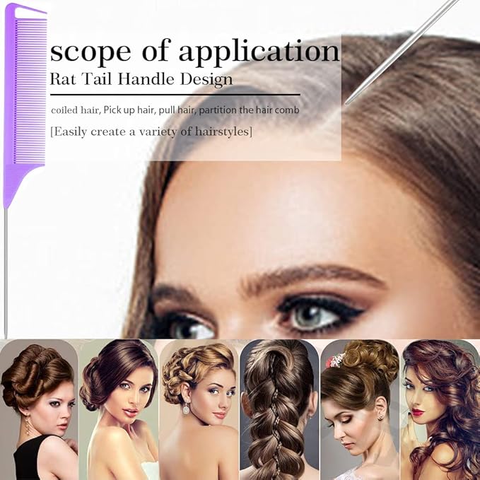 3 Pcs Rat Tail Comb Parting Comb for Braids Barber Styling Combs Carbon Fiber Teasing Combs Stainless Steel Pintail Comb for Women Men Fine Teeth Salon Hairdressing Hair Care Tools (Black+Purple+Black)