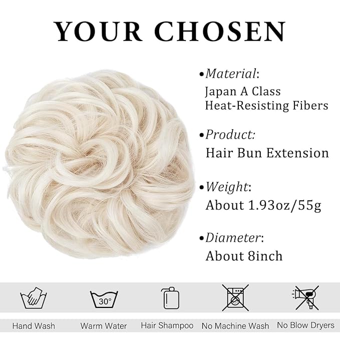 CJL HAIR Large Messy Bun Hair Piece Wavy Curly Scrunchies Synthetic Chignon Ponytail Hair Extensions Thick Updo Hairpieces for Women Platinum Blonde