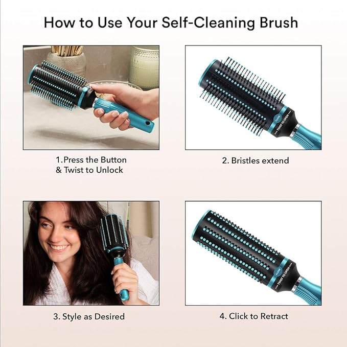 Hair Brushes for Women - Curly Hair Blow Dryer Brush Self Cleaning Detangler Round Brush for Blow Out - Roller Retractable Travel Blue Christmas Gifts
