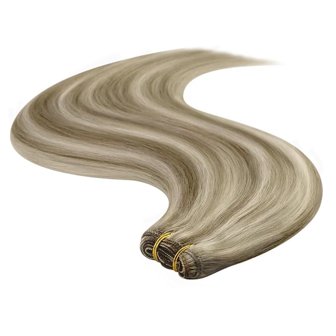 YoungSee Weft Hair Extensions Human Hair Highlight Hair Extensions Sew in Light Brown with Blonde Highlight Weft Extensions Soft Remy Hair 16Inch 100G