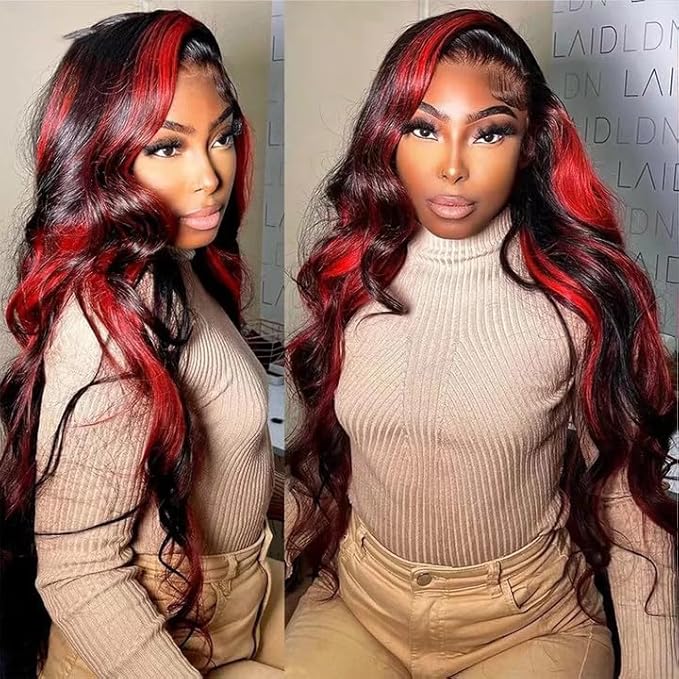 P1B99j Body Wave Bundles Highlight Human Hair Bundle Peruvian Brazilian Virgin Remy Hair 3 Bundles 16 18 20 Inch Double Weft 2 Tone Black and Red Bundle Hair Weave