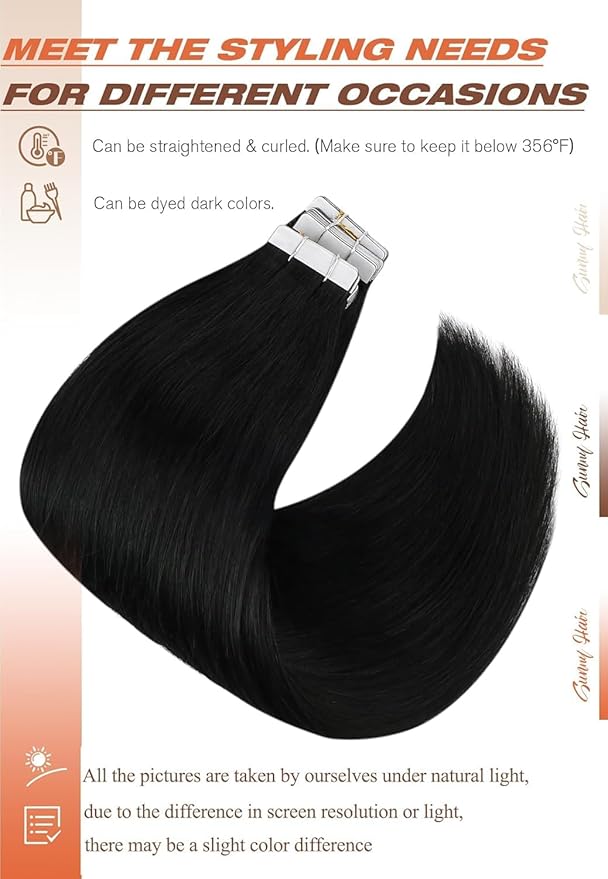 Sunny Hair Tape in Hair Extensions Human Hair 28inch Hair Extensions Real Human Hair Tape in Extensions for Women Jet Black Invisible Remy Hair Natural Straight Skin Weft Double Sided Tapes 20Pcs 50g