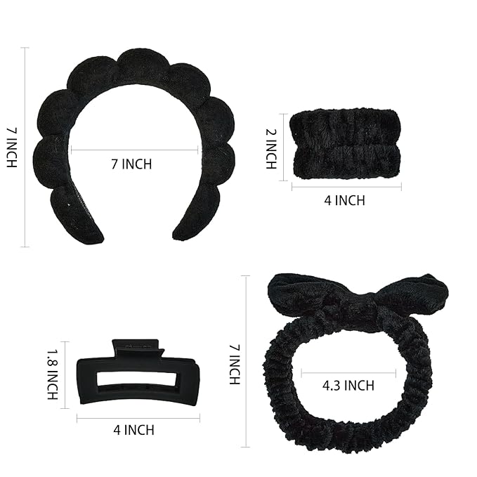 7 Pcs Spa Set, Facial Headband and Wristband Set, Skincare Accessories, College Style Girl Idea Gifts, Hair Accessories for Women and Girls (Black)