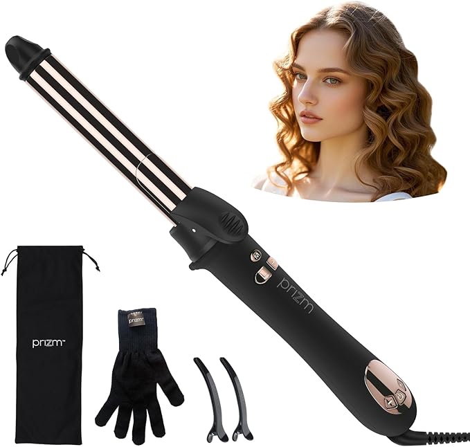 Prizm Nano Titanium Automatic Rotating Curling Iron 1 Inch Worldwide Dual Voltage Curling Wand 11 Temperature Hair Iron Effortless Curls Spinning Barrel LCD Display Negative Ions 360° Swivel Cord