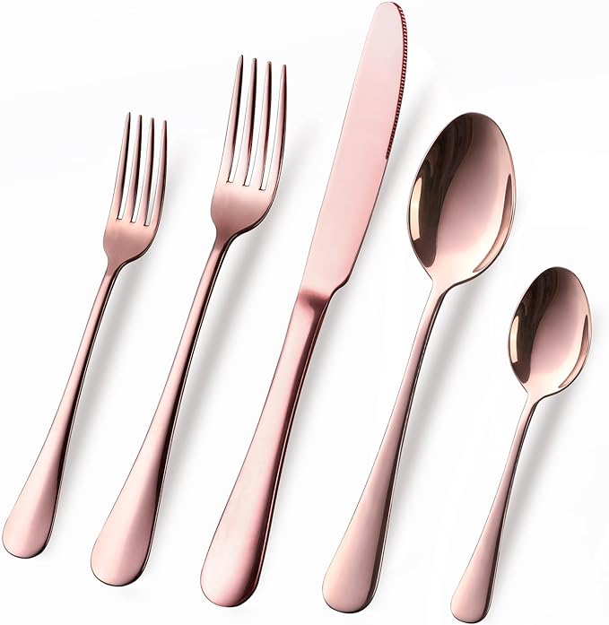 Copper/Rose Gold Silverware Set, OGORI 40-Piece Stainless Steel Flatware Set, Kitchen Utensil Set Service for 8, Mirror Polished Tableware Cutlery Set for Home and Restaurant, Dishwasher Safe