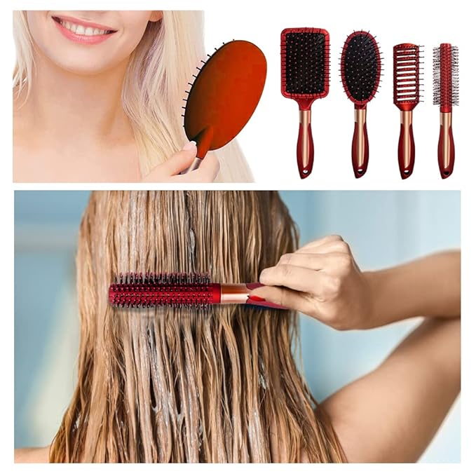 4 Pcs Hair Brush Set, Includes Anti-Static Massage Oval Comb, Detangling Brush, Round Hair Brush, Vented Hair Brush, for Women, Men, and Kids