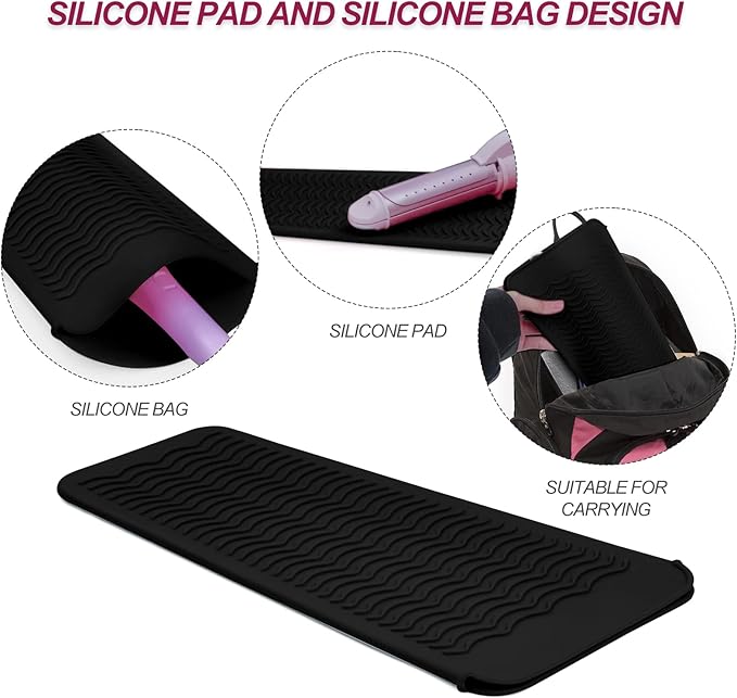 1Pack Silicone Heat Resistant Mat Pouch for Hair Straightener, Curling Iron, Flat Iron and Hot Hair Tools Black