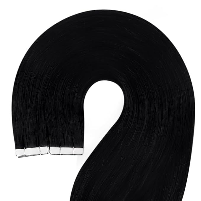 YoungSee Invisible Tape in Hair Extensions Black Tape in Extensions Real Human Hair Jet Black 22 Inch Tapes on Hair Extension 20pcs 50g Real Human Hair Extension Tape-in Long-Lasting Hold Hair
