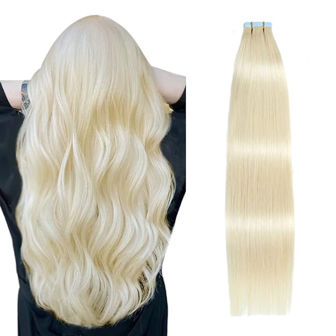 SUYYA Tape in Hair Extensions Human Hair Platinum Blonde 16 Inch 40g/pack 20pcs Straight Seamless Skin Weft Tape in Real Human Hair Extensions(16inch #60)