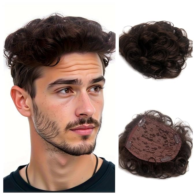 H&Bwig Men Short Toppers Hairpiece Brown with Clips in Hair Extensions for Covering White Loss Hair Toupee
