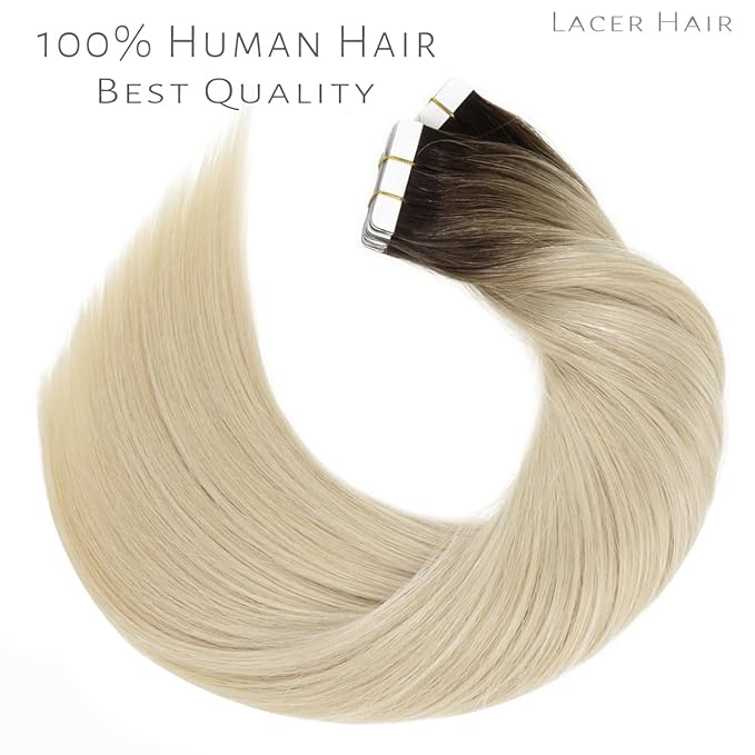 Lacer Tape in Hair Extensions Real Human Hair Rooted Darkest Brown to Platinum Blonde Invisible Human Hair Tape in Extensions Double Sided PU Weft Hair Extensions Tape in 40pcs 60g 12 Inch