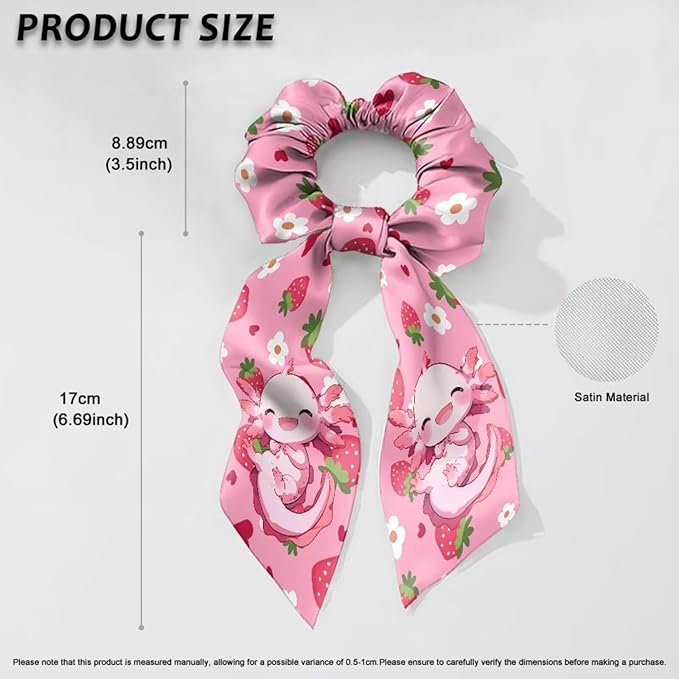 Pack Of 2 Axolotl Elastic Ribbon Hair Ties Floral Strawberry Long Ponytail Scrunchies for Curly Hair Stylish Scarf Scrunchy Womens No Damage Knotted Bow