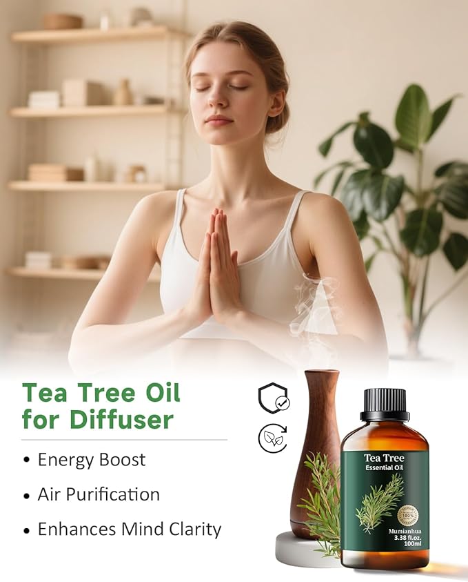 Pure Tea Tree Essential Oil, Mumianhua Natural Purifying Oil for Home & Outdoor Protection, Aromatherapy for Cleansing Air, Diffuser, Hair, Skin & Nail Care, 3.38 Fl Oz