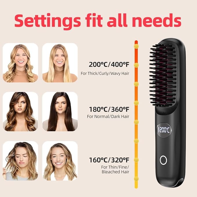 Cordless Hair Straightener Brush: Portable Rechargeable Heated Straightening Comb with LED Display & 3 Temperature Settings - Travel Hair Brush for Smooth Frizz-Free Styling (Purple)