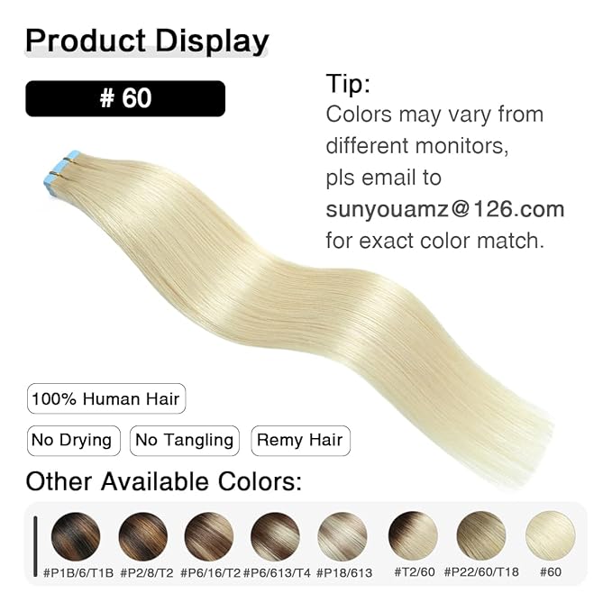 SUYYA Tape in Hair Extensions Human Hair Platinum Blonde 18 Inch 50g/pack 20pcs Straight Seamless Skin Weft Tape in Real Human Hair Extensions(18inch #60)