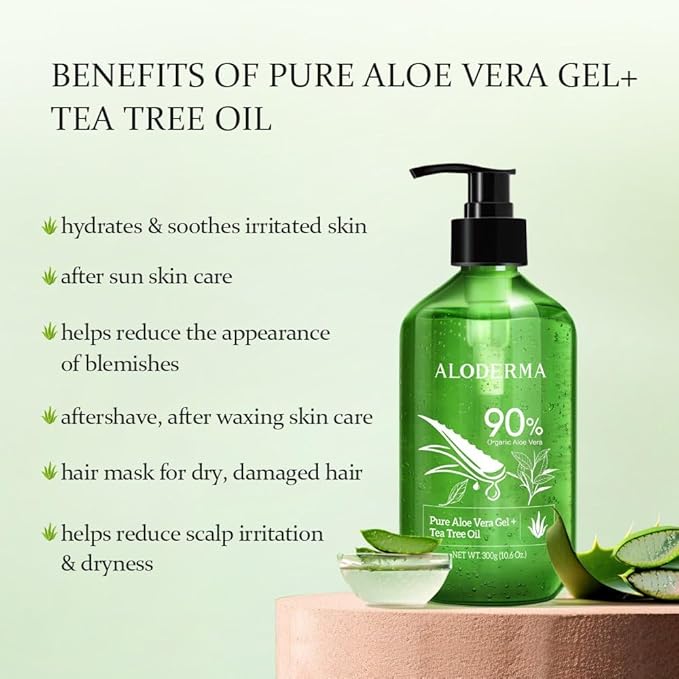 Aloderma Aloe Vera Gel + Tea Tree Oil, Made with Refreshing Organic Aloe for After Sun Skin Care, Multipurpose Use for Hair and Scalp, and Face or as a Shaving Gel or Aftershave - 10.6Oz x 2btls