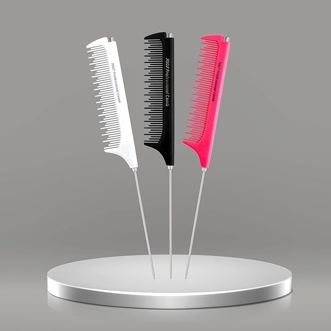 Rat Tail Combs for Parting,Protable Retractable Rat Tail Comb-Parting Combs for Hair Stylist-Stainless Steel Pin Tail Fine Tooth Teasing Comb Heat Resistant Anti Static(Pink)
