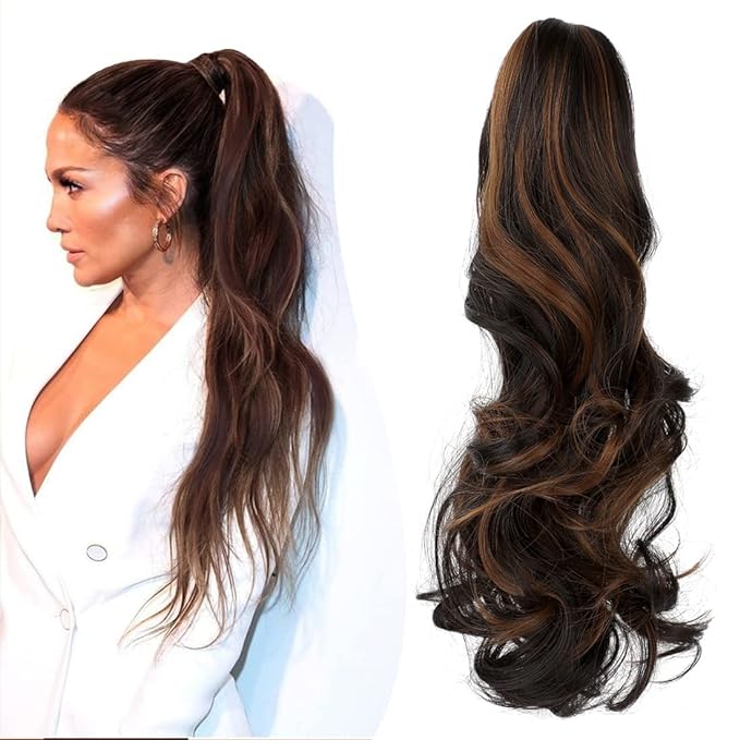 Claw Clip Ponytail Extension 18" Clip in Wavy Ponytail Hair extensions Long Pony Tails for Women Extensions Dark Brown Mix Light Auburn Wave Hairpiece