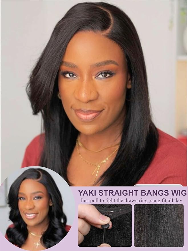 Yiroo Light Yaki Straight Wig Human Hair with Side Swept Bangs,7x5 Lace Front Bye Bye Knots Glueless Wig Human Hair Pre Plucked Pre Cut,Elastic Drawstring Wear and Go Wig for Women 150% Density 18Inch