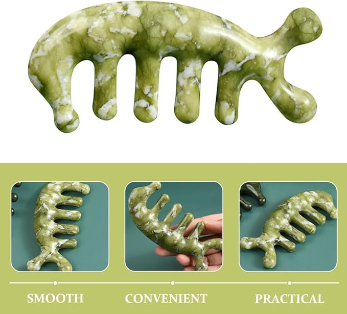 TIDTALEO Jade Craft Massage Comb Tool 3D Fish-Shaped Scalp Massager with Gua Sha Function Light Green Jade for Head, Body, and Facial Acupressure Relaxation