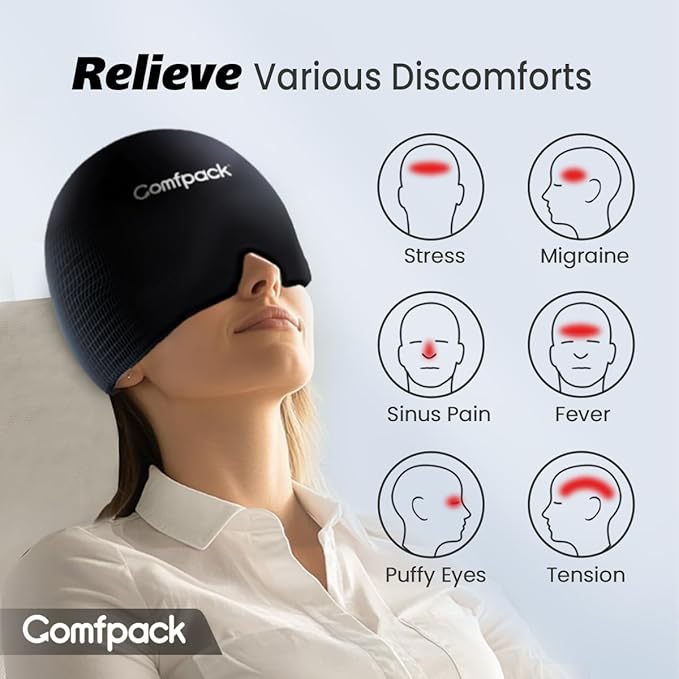 Migraine Relief Cap, FSA Eligible, Full Head Cold Compress Soft Stretchy Headache Relief Cap for Tension, Sinus, Stress Relief, Hangover Ice Hat, Puffy Eyes, Gifts for Migraine Sufferers