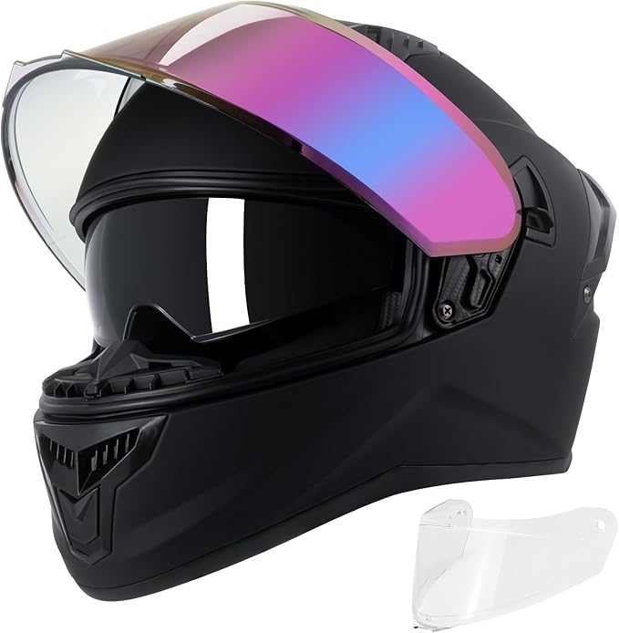 Full Face Motorcycle Helmets for Adult Men Women, DOT Approved Street Bike Racing Helmet Dual Visor Quick Release Buckle, Motorbike ADV Moped Helmet with Extra Clear Visor
