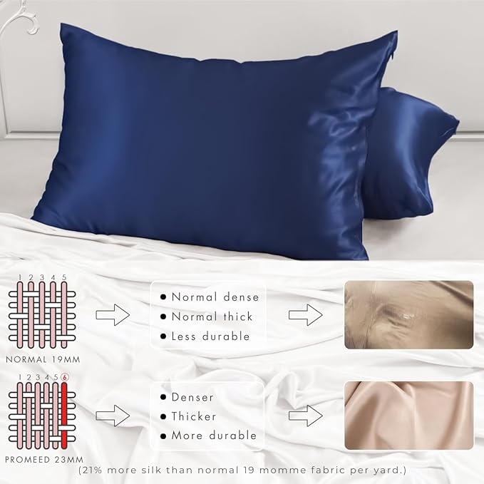 PROMEED 100% Mulberry Silk Pillowcase for Hair and Skin - Allergen Resistant Both Sides 23 Momme 1400 TC Silk Bed Pillow Cases with Hidden Zipper, 1PC (King 20"x36", Navy)
