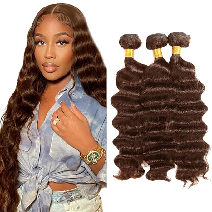 Color 4 Human Hair Bundles Brown Deep Wave Bundles 12 14 16 Inch Niegmeag Virgin Remy Hair Extensions Double Weft Brown Bundle Hair Weave #4 Color
