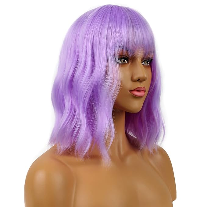 Short Bob Wigs with Bangs for Women Loose Wavy Wig Curly Wavy Shoulder Length Bob Synthetic Cosplay Wig for Girl Colorful Costume Wigs (Purple)
