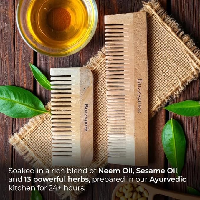 Natural Neem Wood Comb Set of 2 [Plain Lily & Shampoo comb]– Wide & Fine Tooth Handmade Wooden Hair Combs for Men & Women | Eco-Friendly, Plastic-Free, Scalp care for Gentle Hair Care